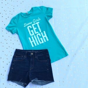 Teal & White Some Girls Get High Graphic Cotton Tee Size Small